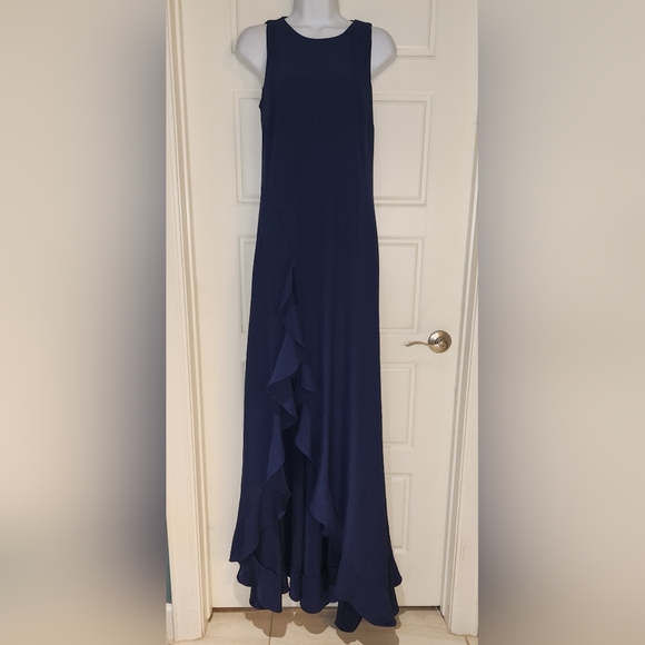 ZAC Zac Posen Janice Slit Ruffle Gown Navy - Picture 6 of 14